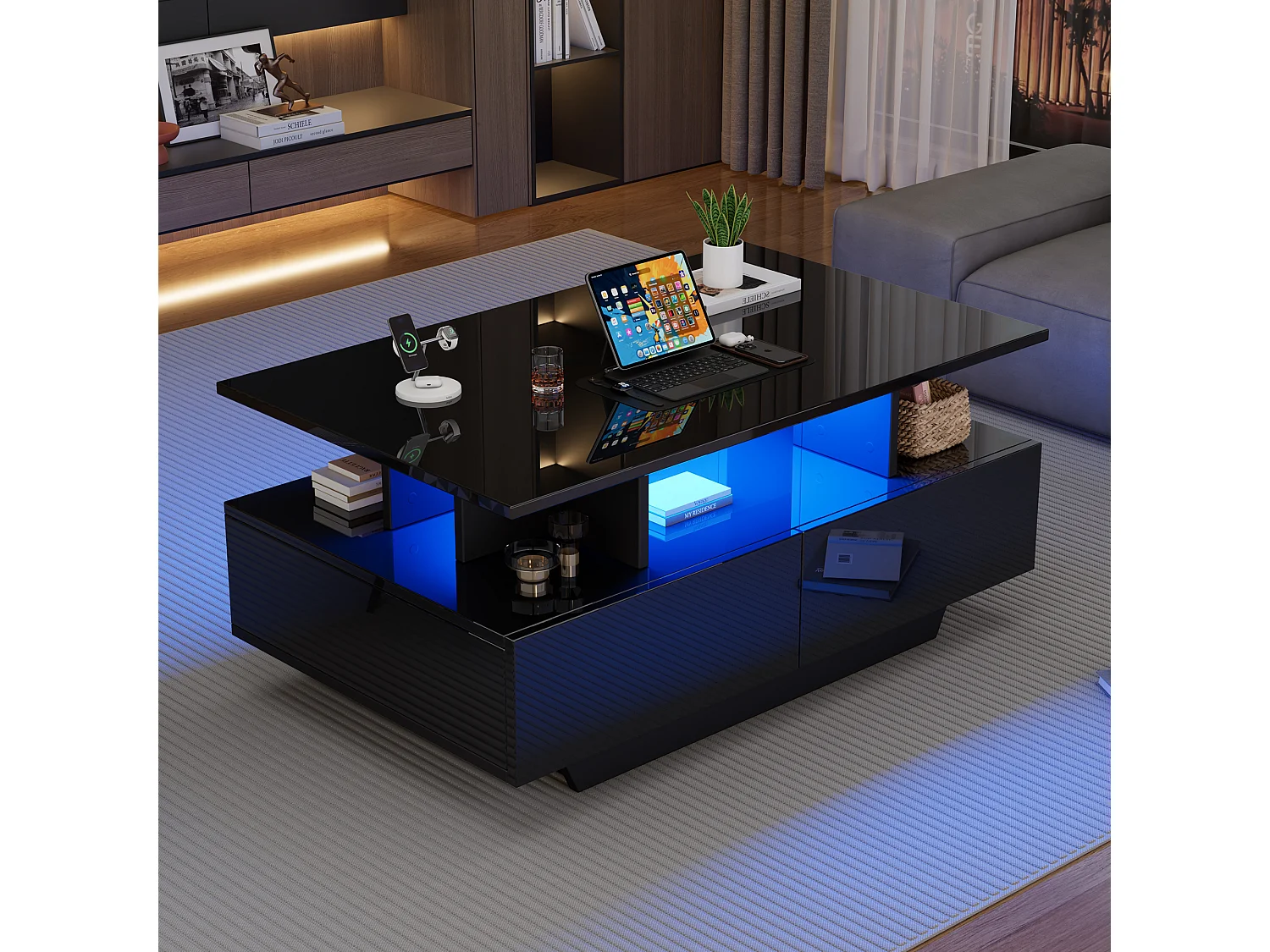 Table basse moderne avec LED, 2 tiroirs, design élégant, MDF, noir laqué et blanc (100x60x35 cm)