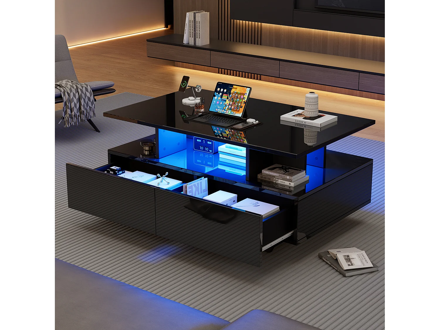 Table basse moderne avec LED, 2 tiroirs, design élégant, MDF, noir laqué et blanc (100x60x35 cm)