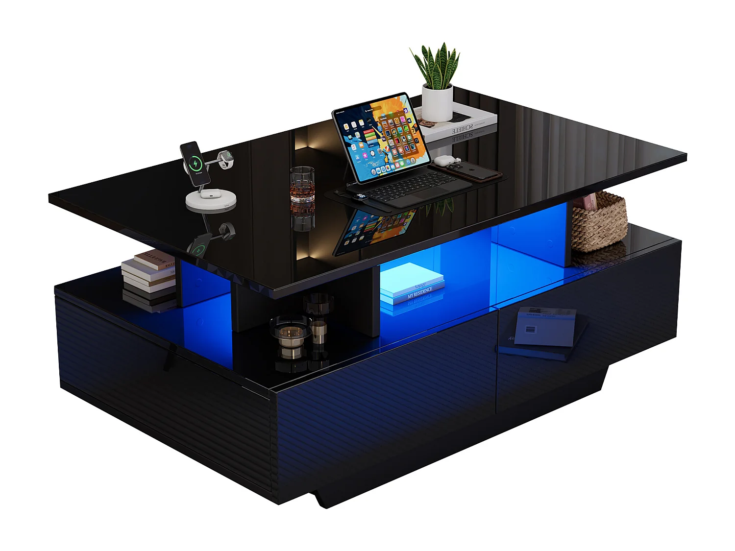 Table basse moderne avec LED, 2 tiroirs, design élégant, MDF, noir laqué et blanc (100x60x35 cm)
