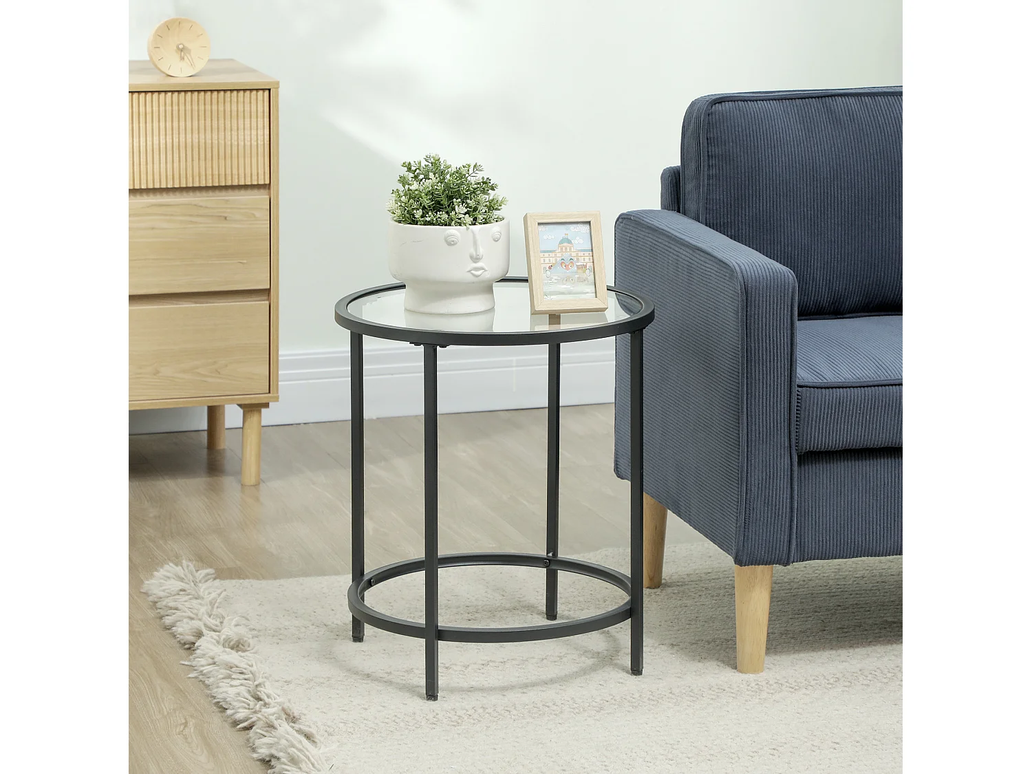 Table d'appoint ronde, verre trempé, cadre en métal, Noir (Ø48 x 54.7 cm)