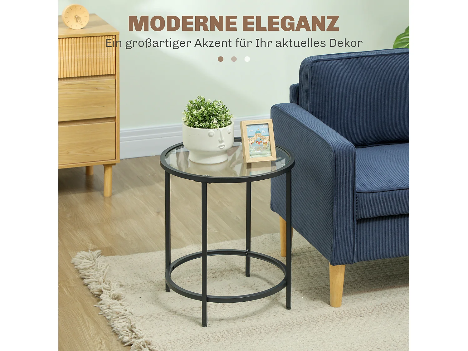 Table d'appoint ronde, verre trempé, cadre en métal, Noir (Ø48 x 54.7 cm)