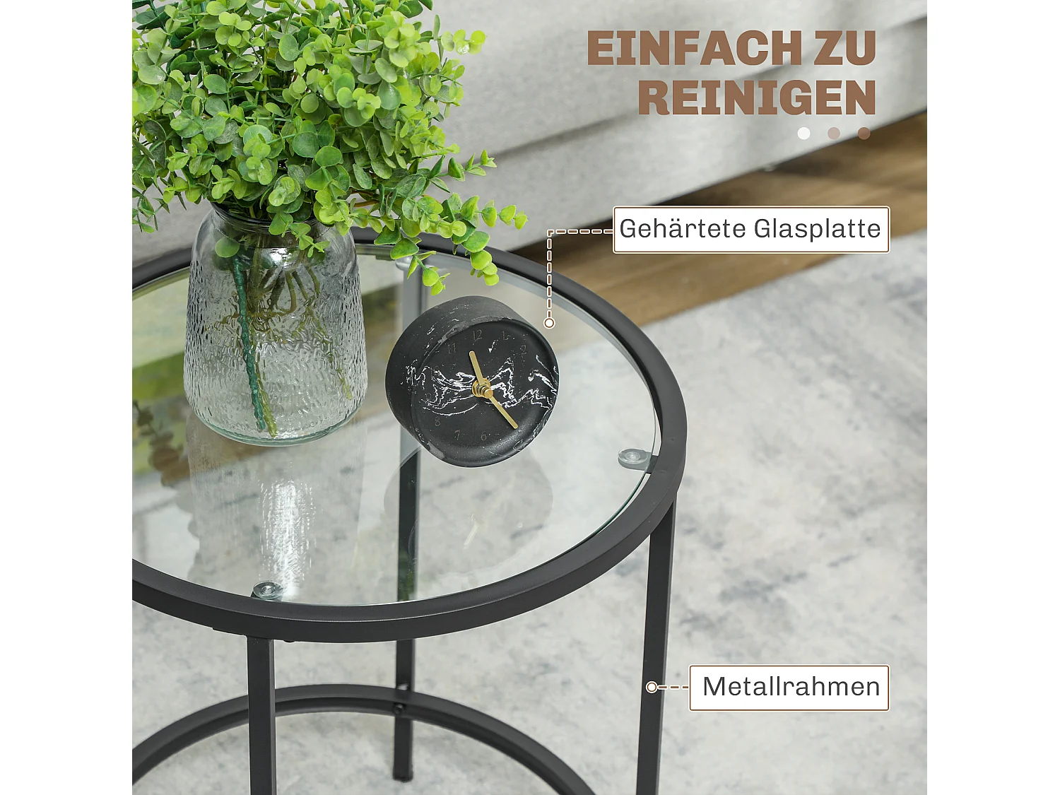 Table d'appoint ronde, verre trempé, cadre en métal, Noir (Ø48 x 54.7 cm)
