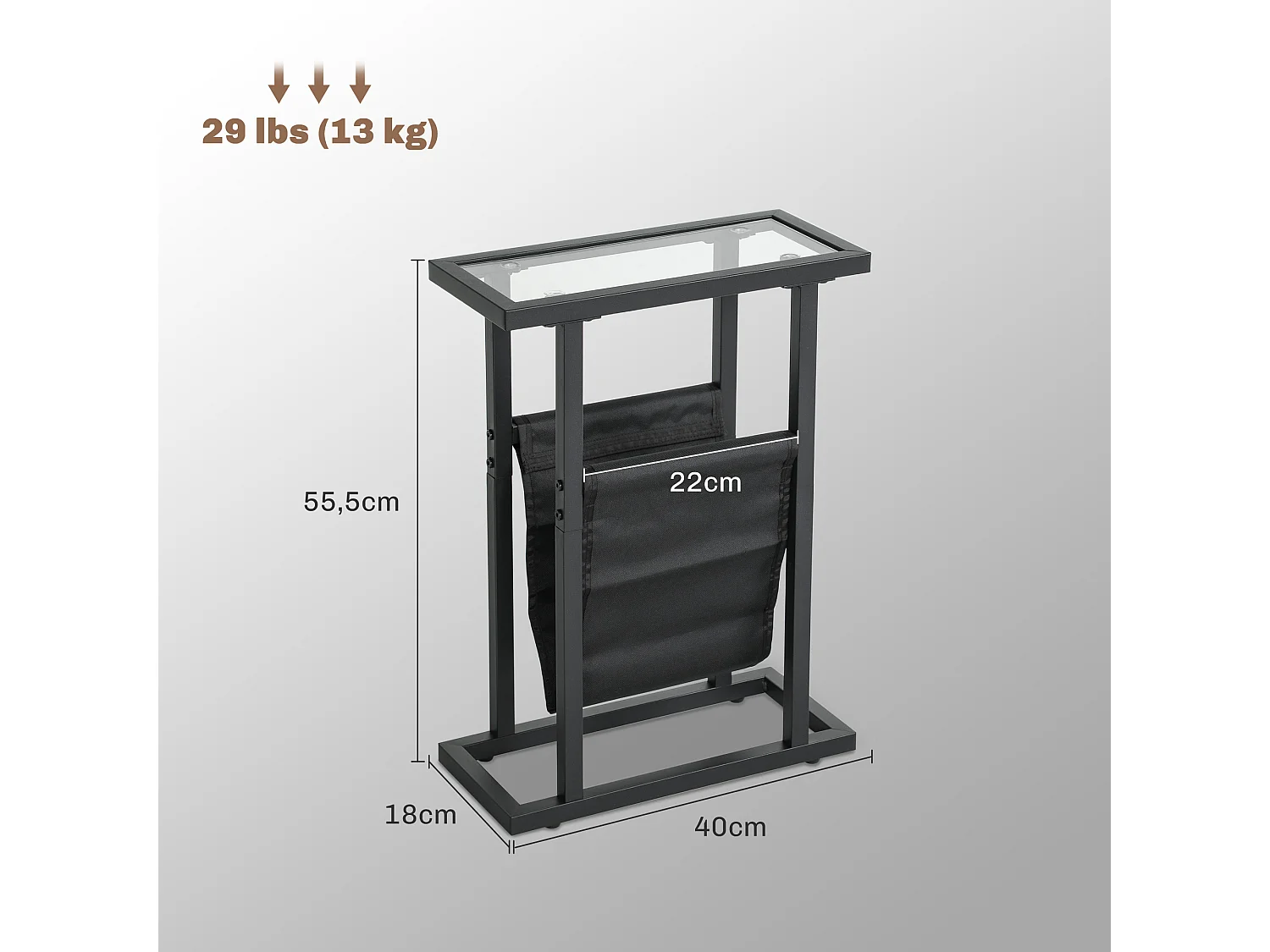 Table d'appoint avec 3 étagères en verre, cadre en métal, design moderne, noir (40x18x55.5 cm)