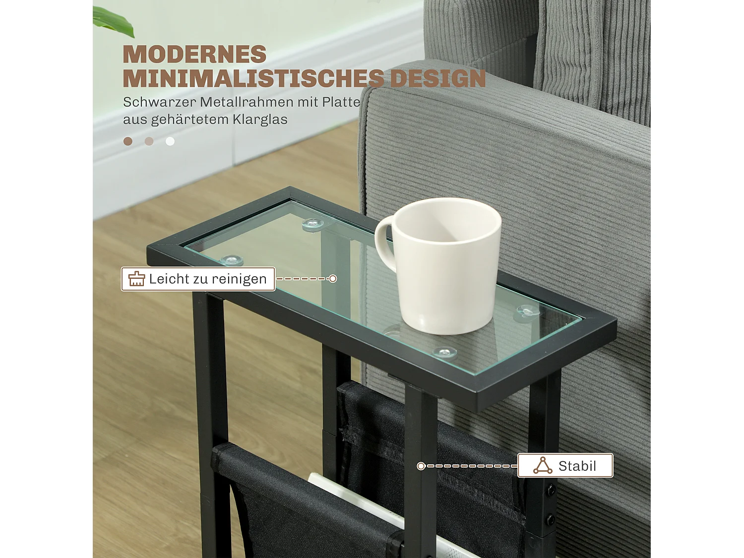 Table d'appoint avec 3 étagères en verre, cadre en métal, design moderne, noir (40x18x55.5 cm)