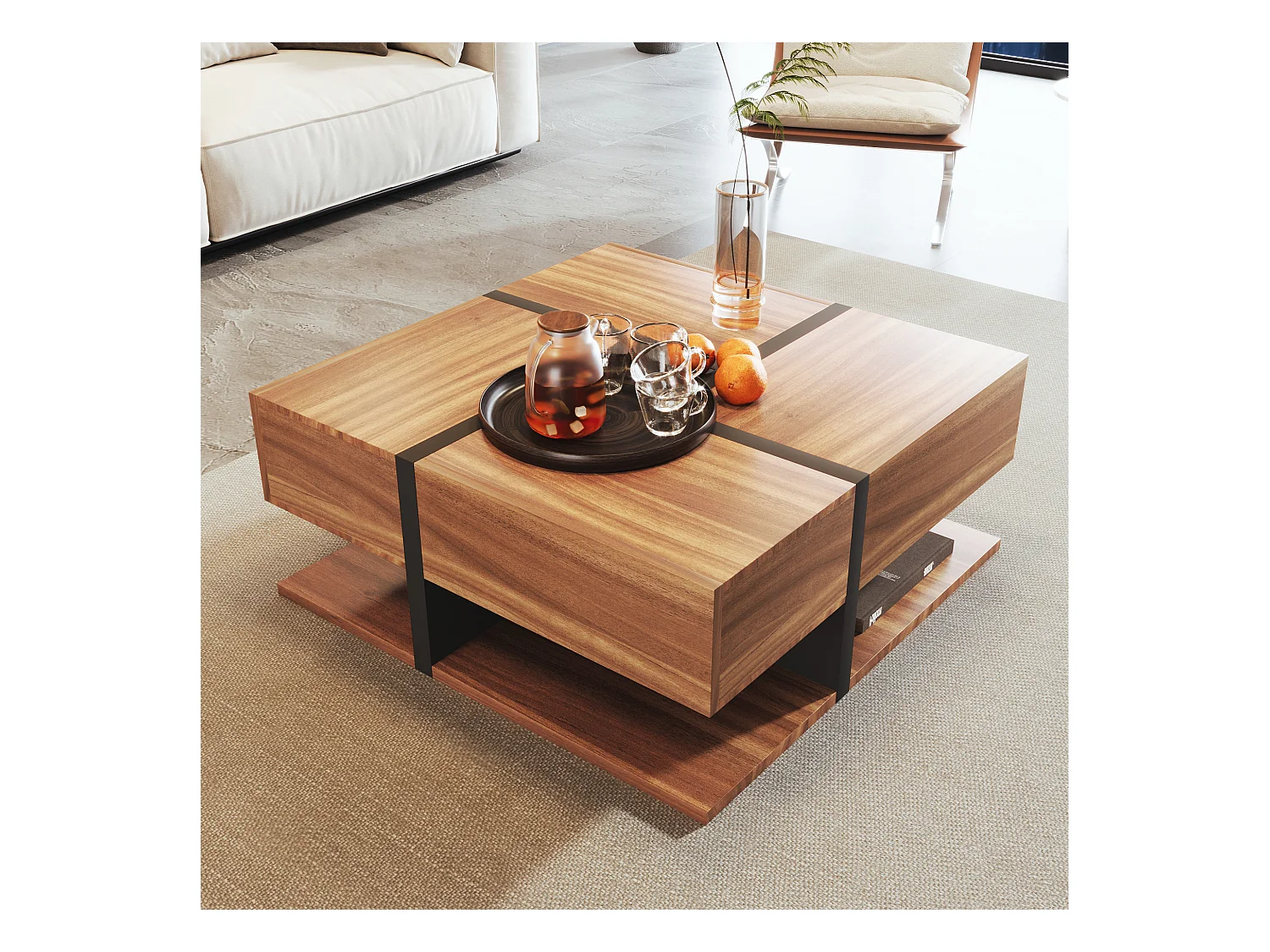 Table basse avec 4 tiroirs, design unique avec motif et lignes, espace de rangement inférieur, couleur bois et noir (78x78x36 cm)