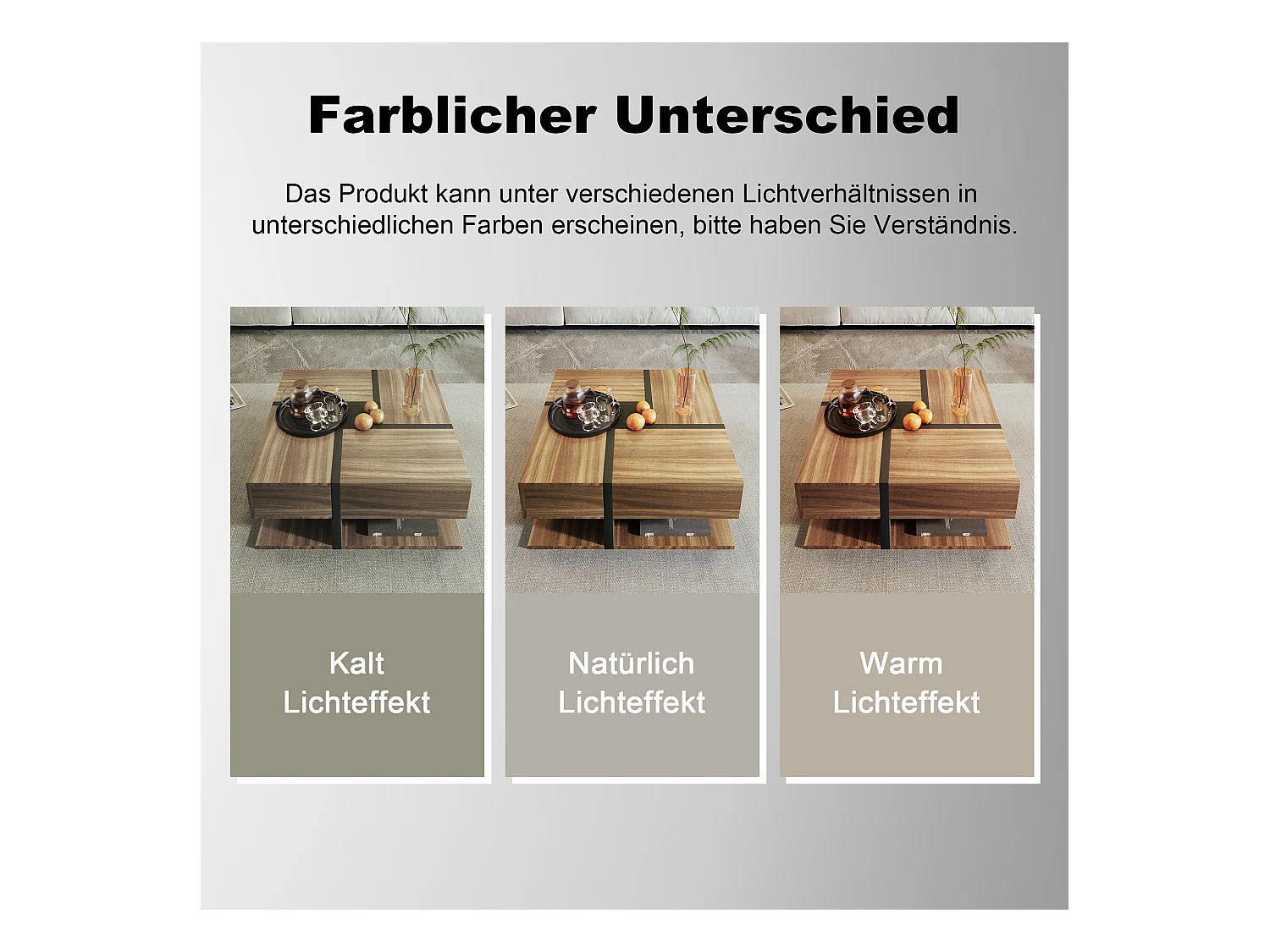 Table basse avec 4 tiroirs, design unique avec motif et lignes, espace de rangement inférieur, couleur bois et noir (78x78x36 cm)