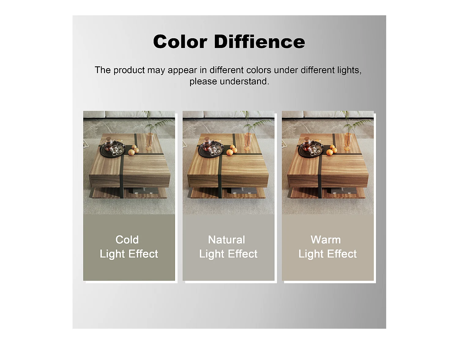 Table basse avec 4 tiroirs, design unique avec motif et lignes, espace de rangement inférieur, couleur bois et noir (78x78x36 cm)