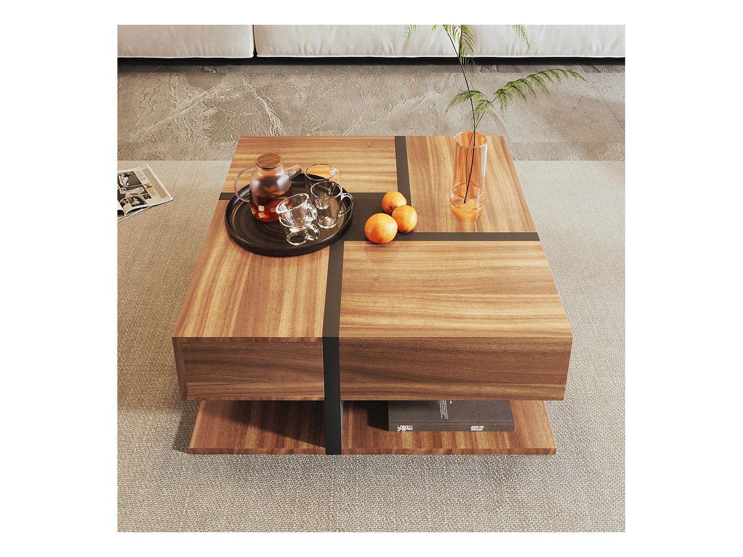 Table basse avec 4 tiroirs, design unique avec motif et lignes, espace de rangement inférieur, couleur bois et noir (78x78x36 cm)
