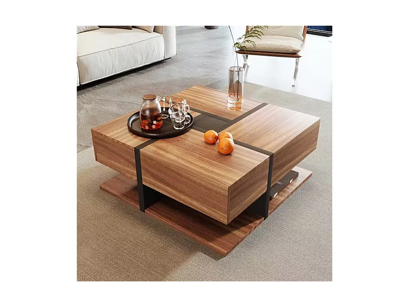 Table basse avec 4 tiroirs, design unique avec motif et lignes, espace de rangement inférieur, couleur bois et noir (78x78x36 cm)