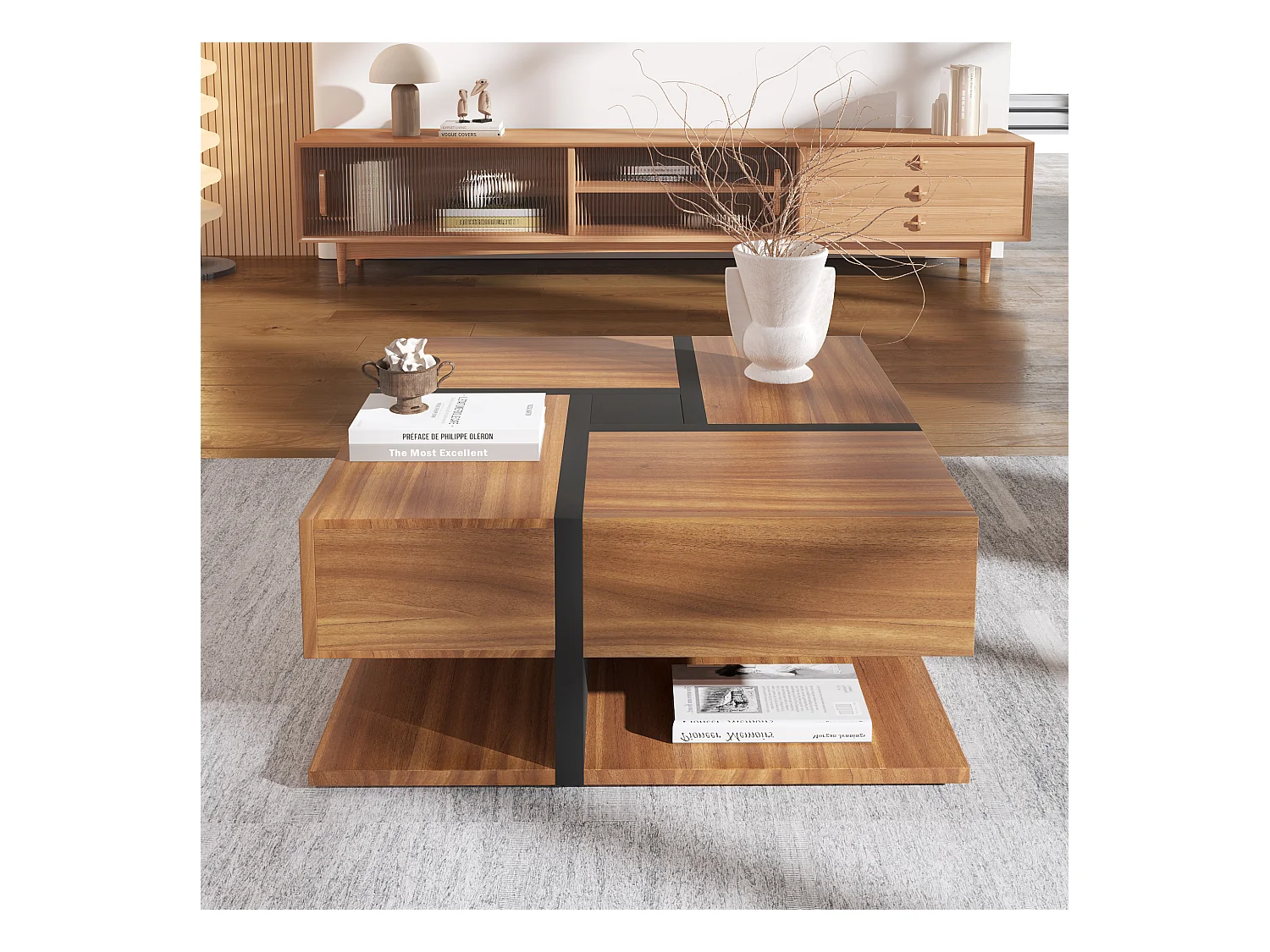 Table basse avec 4 tiroirs, design unique avec motif et lignes, espace de rangement inférieur, couleur bois et noir (78x78x36 cm)