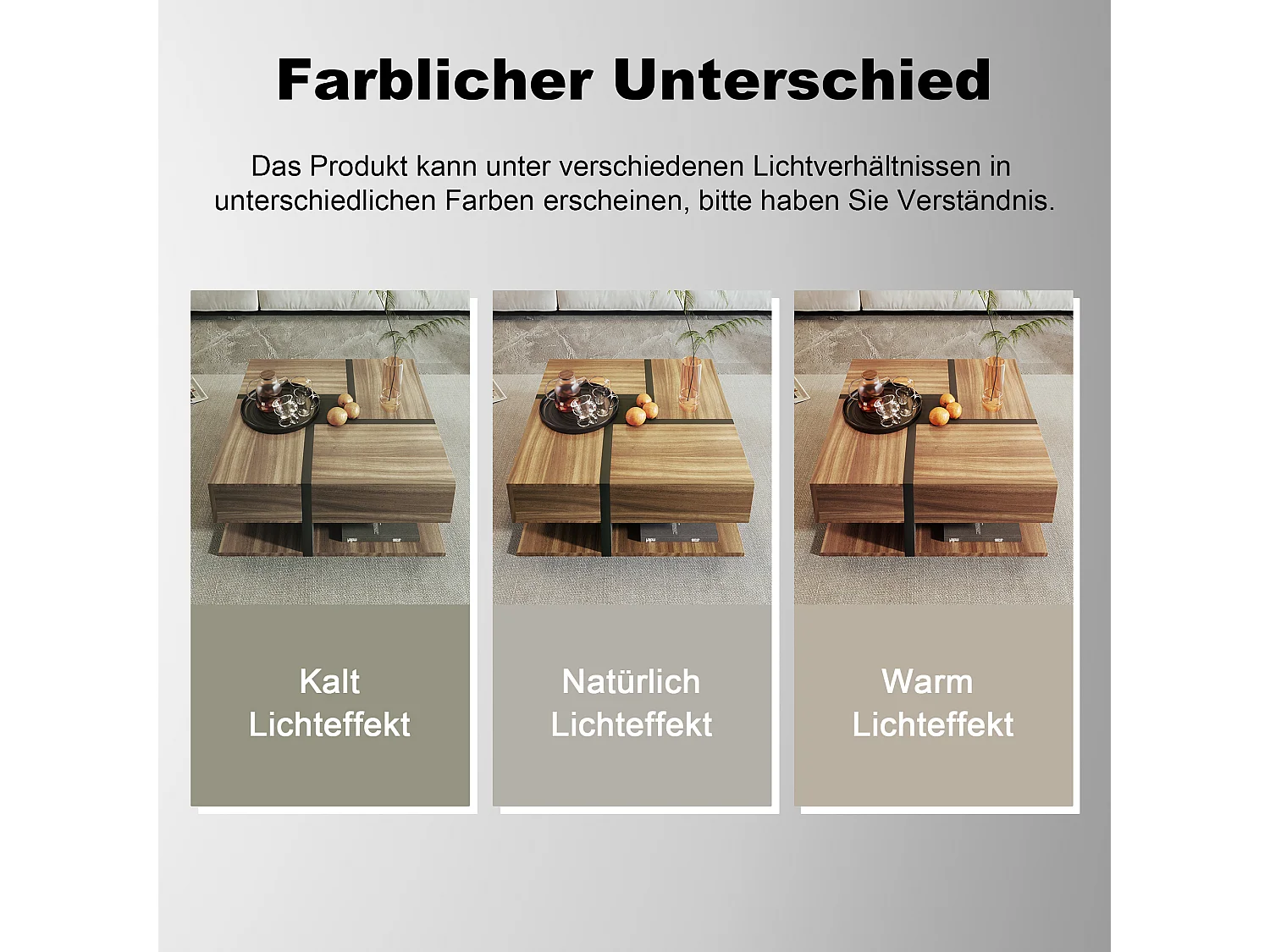 Table basse avec 4 tiroirs, design unique avec motif et lignes, espace de rangement inférieur, couleur bois et noir (78x78x36 cm)