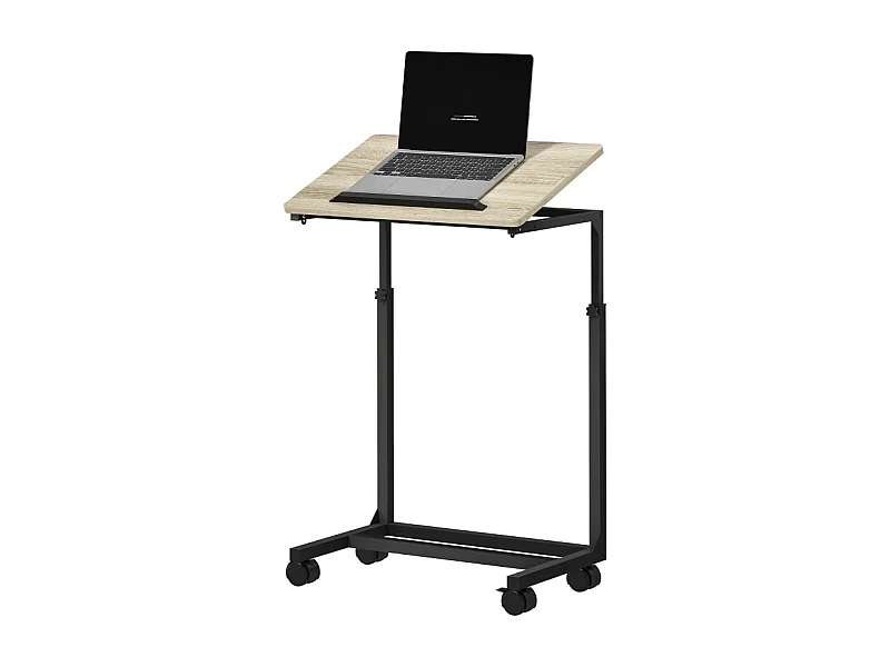 Tavolino da caffè a forma di C regolabile in altezza con ruote, tavolino laterale con contenitore e piano in vetro, bianco (55x36x62,5-82,5 cm)