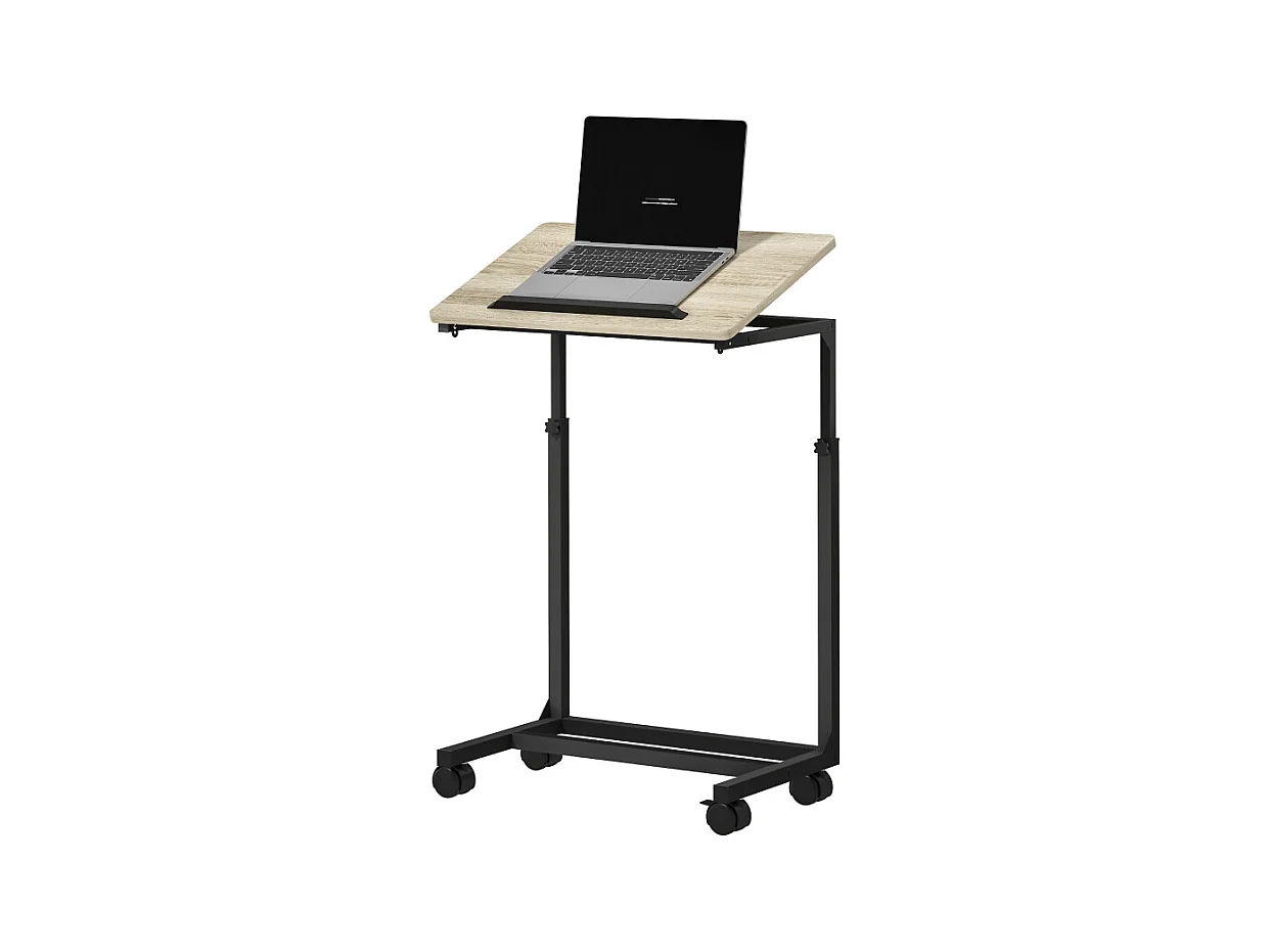 Table basse C-forme réglable en hauteur avec roulettes, table d'appoint avec rangement et plateau en verre, blanc (55x36x62.5-82.5 cm)