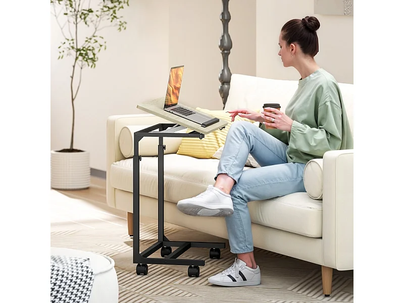 Table basse C-forme réglable en hauteur avec roulettes, table d'appoint avec rangement et plateau en verre, blanc (55x36x62.5-82.5 cm)