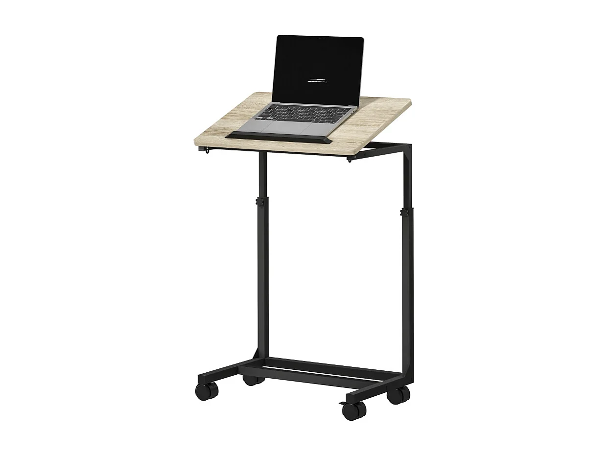 In hoogte verstelbare C-vormige salontafel met wielen, bijzettafel met opbergruimte en glazen blad, wit (55x36x62,5-82,5 cm)