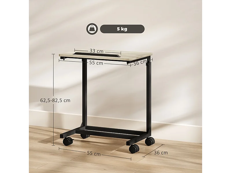 In hoogte verstelbare C-vormige salontafel met wielen, bijzettafel met opbergruimte en glazen blad, wit (55x36x62,5-82,5 cm)