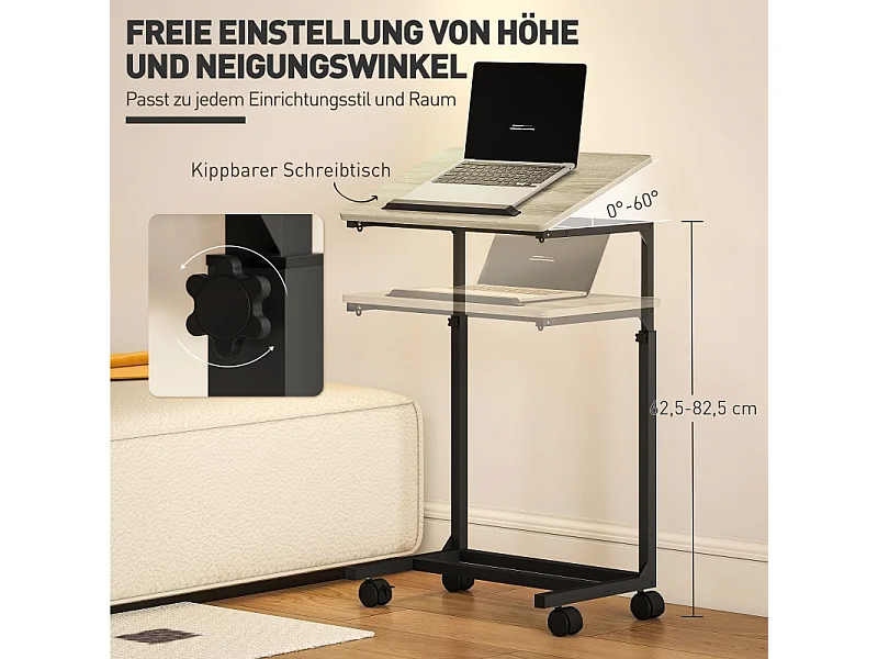 In hoogte verstelbare C-vormige salontafel met wielen, bijzettafel met opbergruimte en glazen blad, wit (55x36x62,5-82,5 cm)