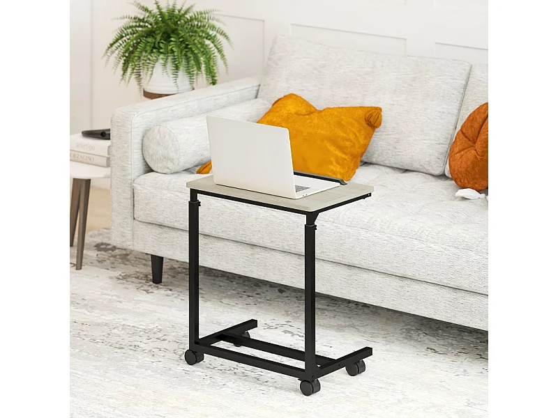 In hoogte verstelbare C-vormige salontafel met wielen, bijzettafel met opbergruimte en glazen blad, wit (55x36x62,5-82,5 cm)