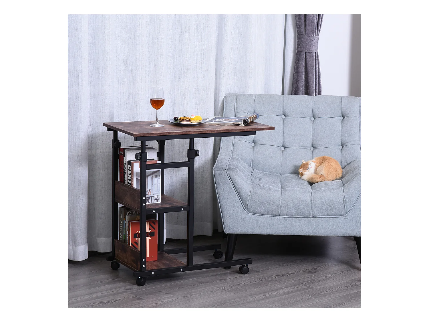 Table d'appoint mobile, hauteur réglable, 2 étagères, métal noir (80x40x72-82cm)