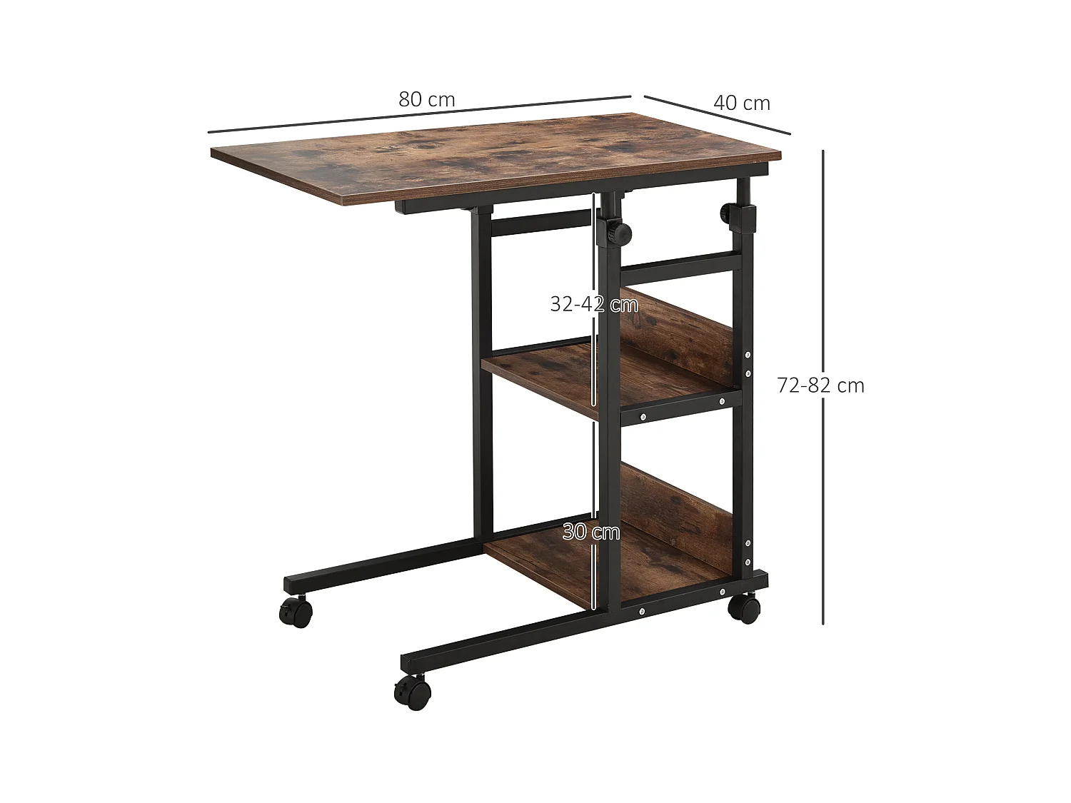 Table d'appoint mobile, hauteur réglable, 2 étagères, métal noir (80x40x72-82cm)
