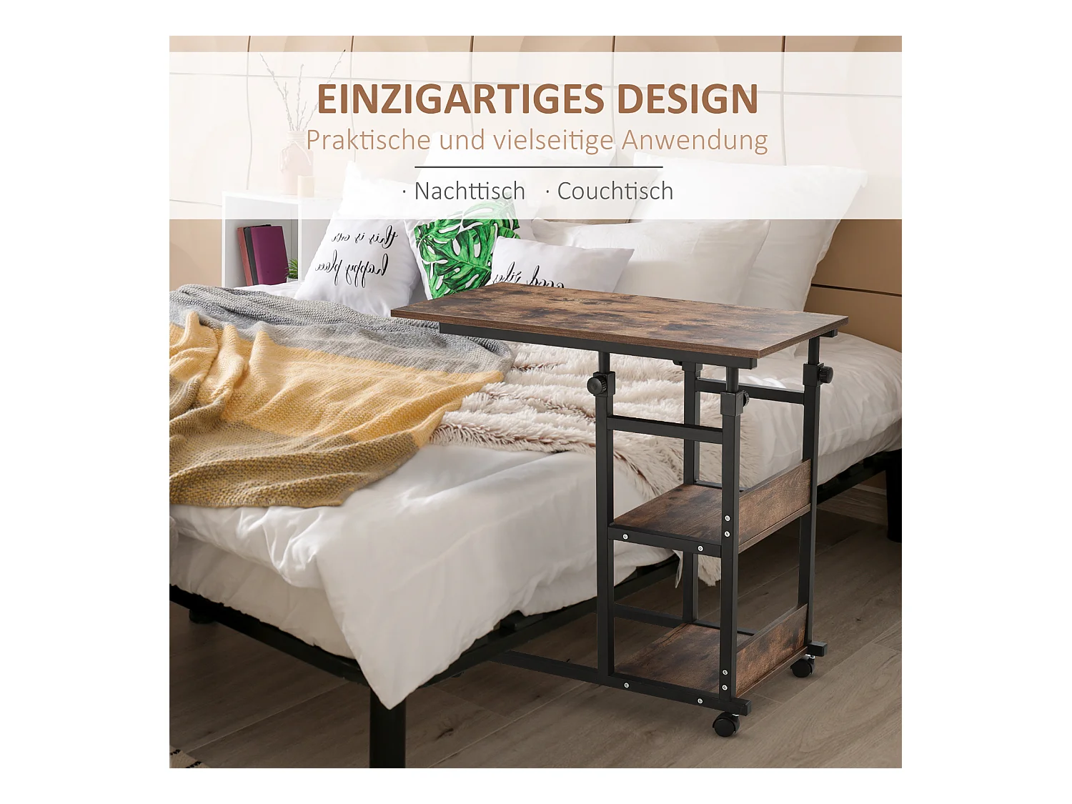 Table d'appoint mobile, hauteur réglable, 2 étagères, métal noir (80x40x72-82cm)