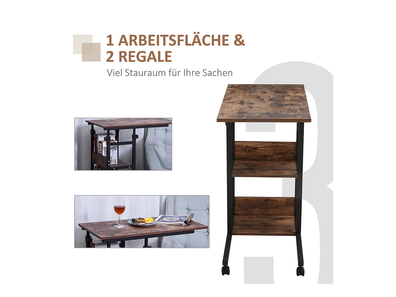 Table d'appoint mobile, hauteur réglable, 2 étagères, métal noir (80x40x72-82cm)