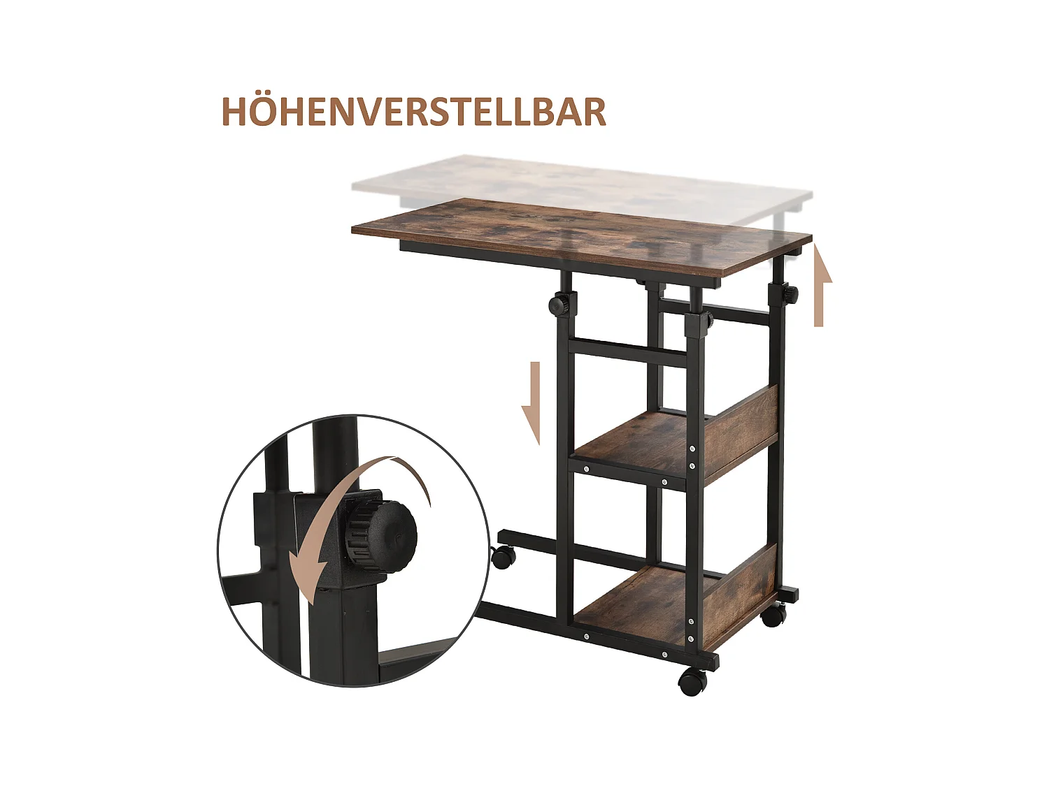 Table d'appoint mobile, hauteur réglable, 2 étagères, métal noir (80x40x72-82cm)