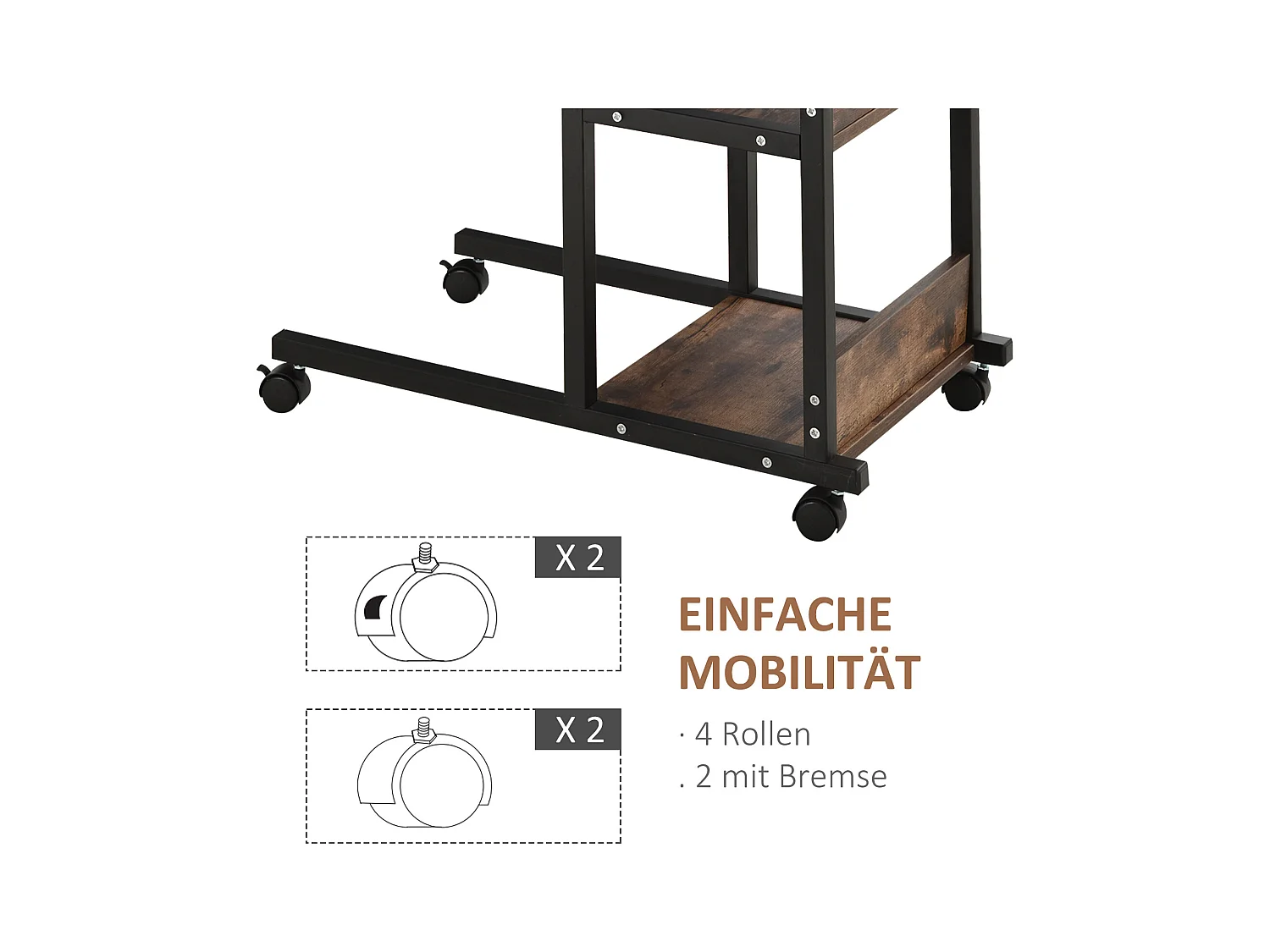 Table d'appoint mobile, hauteur réglable, 2 étagères, métal noir (80x40x72-82cm)