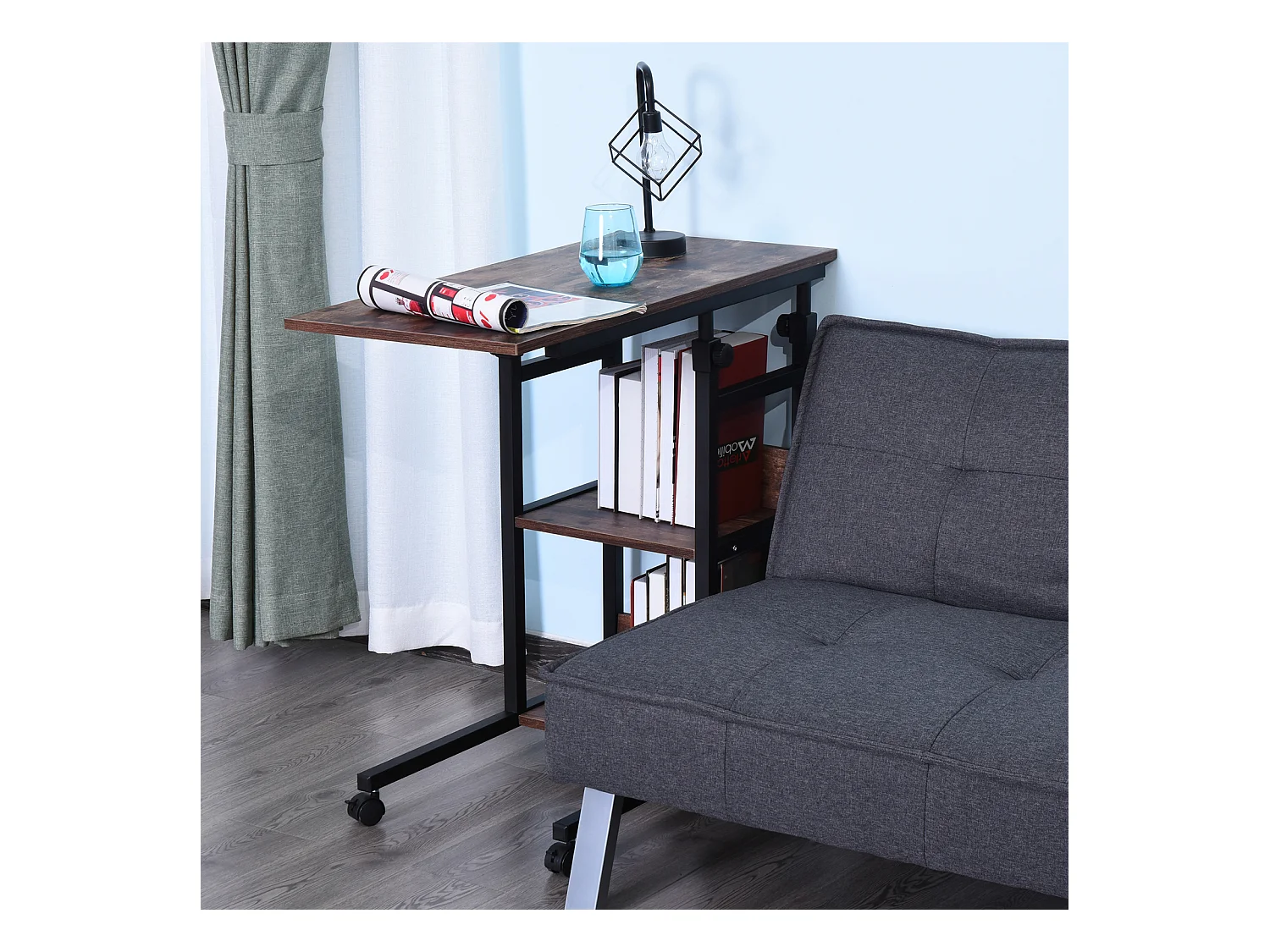 Table d'appoint mobile, hauteur réglable, 2 étagères, métal noir (80x40x72-82cm)