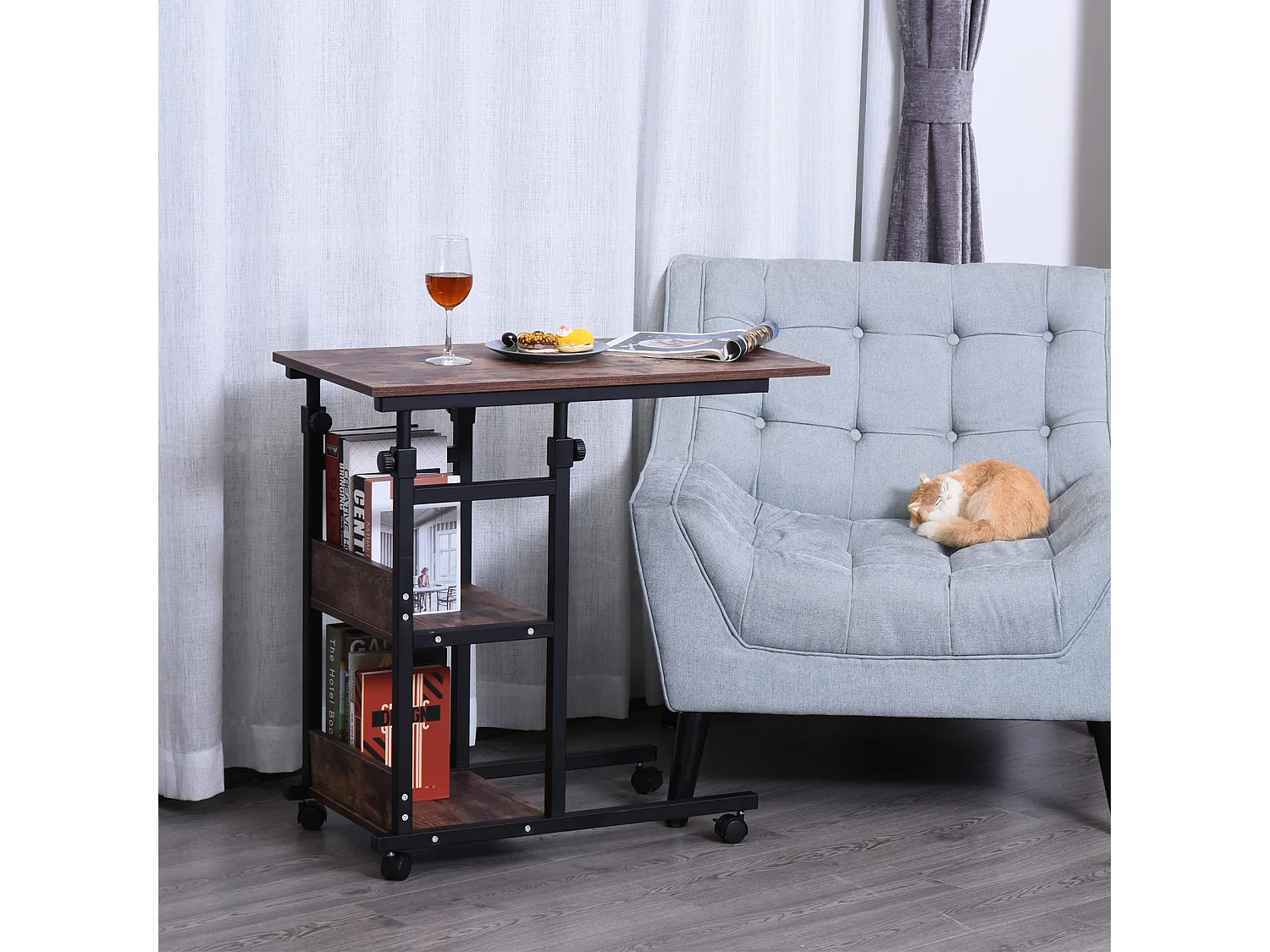 Table d'appoint mobile, hauteur réglable, 2 étagères, métal noir (80x40x72-82cm)