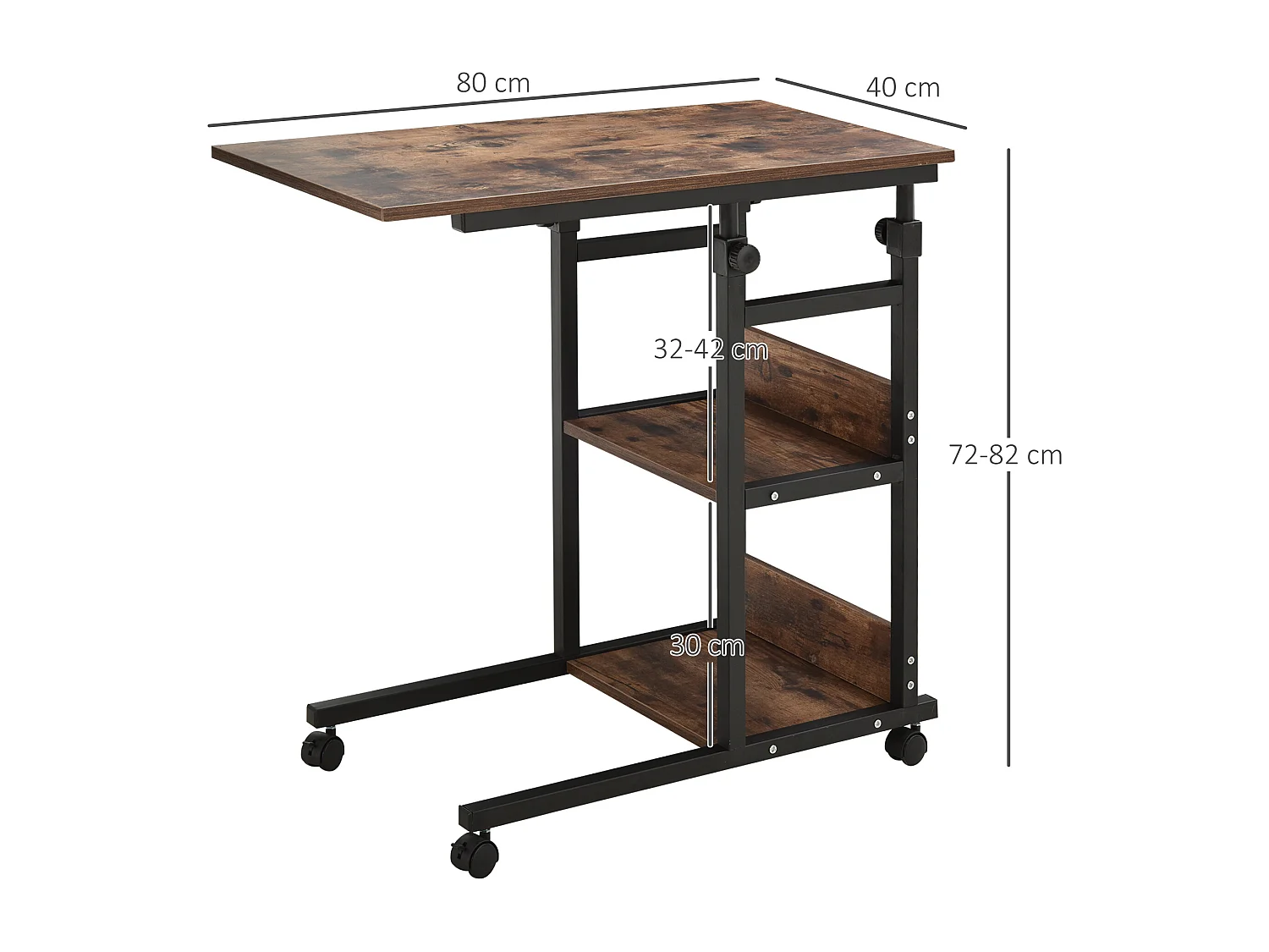 Table d'appoint mobile, hauteur réglable, 2 étagères, métal noir (80x40x72-82cm)