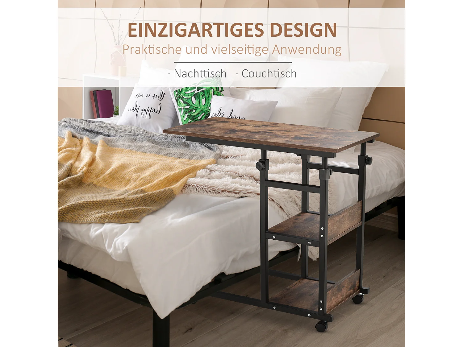 Table d'appoint mobile, hauteur réglable, 2 étagères, métal noir (80x40x72-82cm)