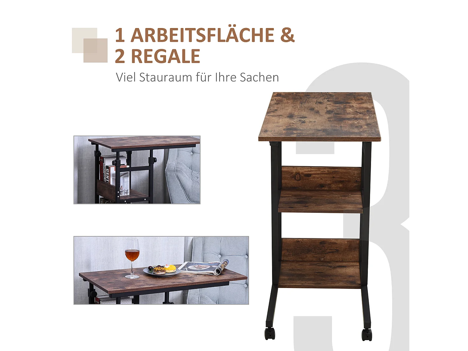 Table d'appoint mobile, hauteur réglable, 2 étagères, métal noir (80x40x72-82cm)