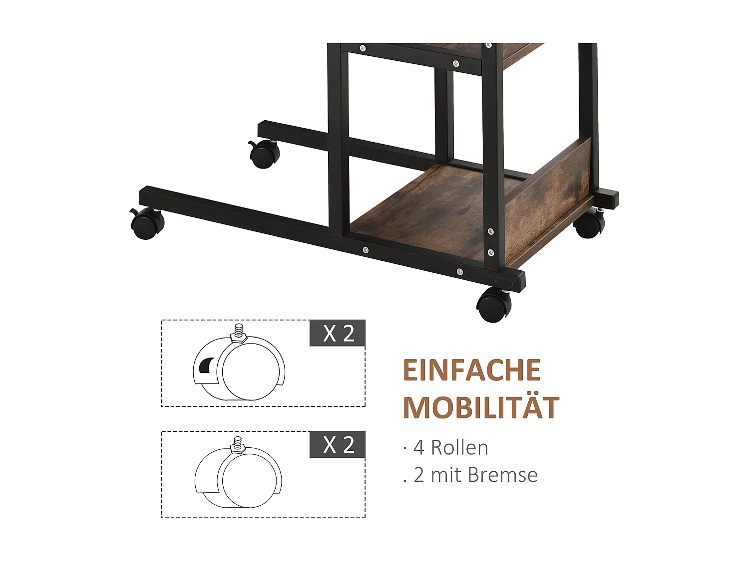 Table d'appoint mobile, hauteur réglable, 2 étagères, métal noir (80x40x72-82cm)