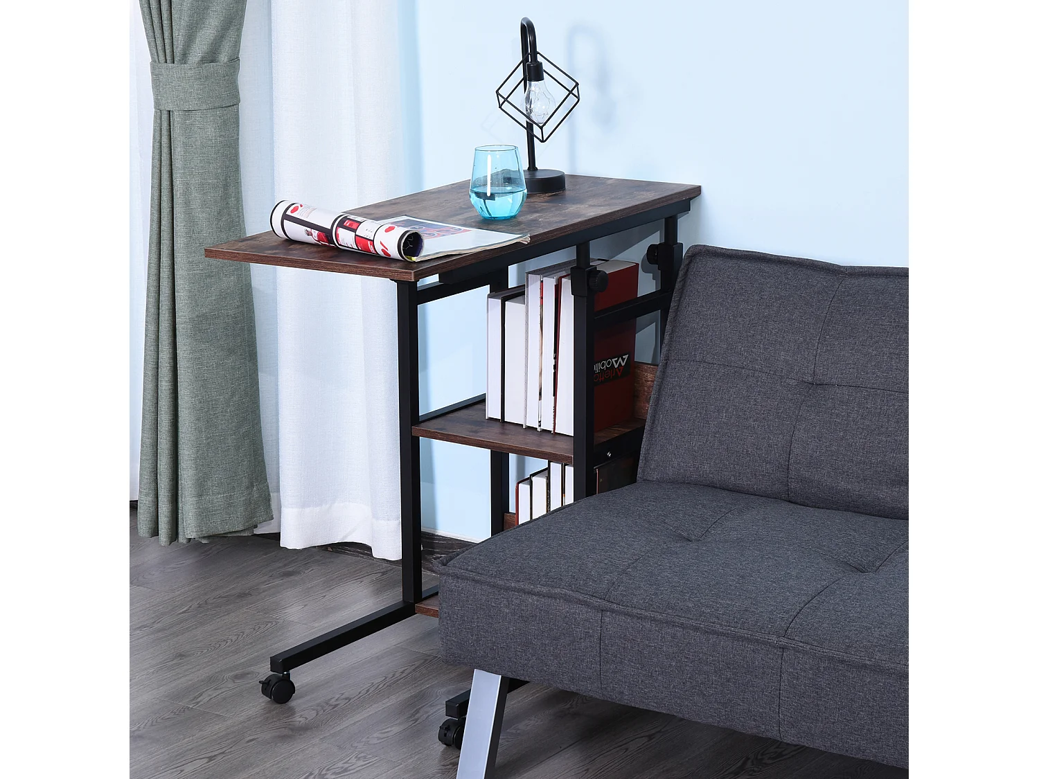 Table d'appoint mobile, hauteur réglable, 2 étagères, métal noir (80x40x72-82cm)