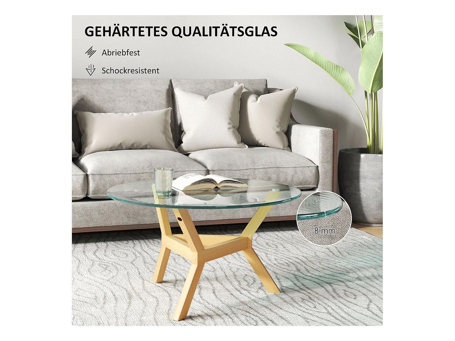 Salontafel van gehard glas, metalen frame, verstelbare poten, transparant (Ø80 x 45 cm)