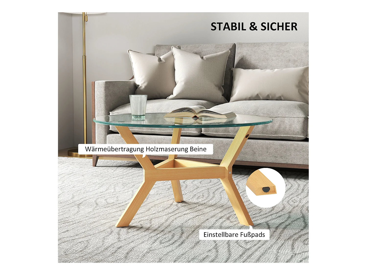 Salontafel van gehard glas, metalen frame, verstelbare poten, transparant (Ø80 x 45 cm)