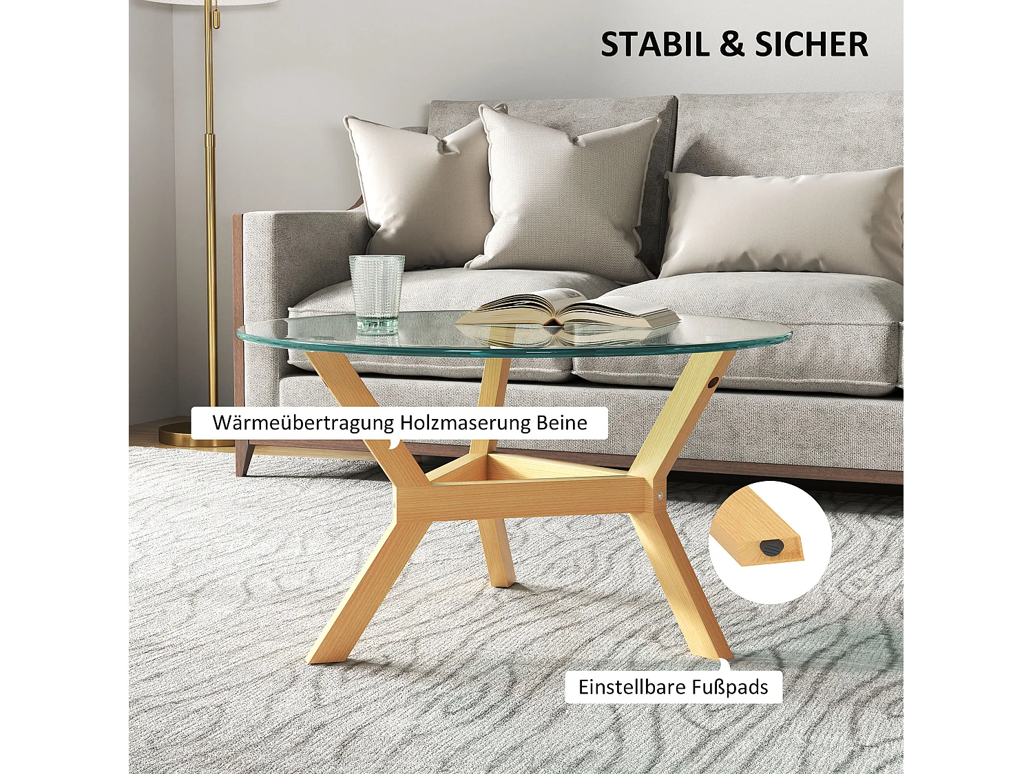 Table basse en verre trempé, cadre en métal, pieds ajustables, transparente (Ø80 x 45 cm)