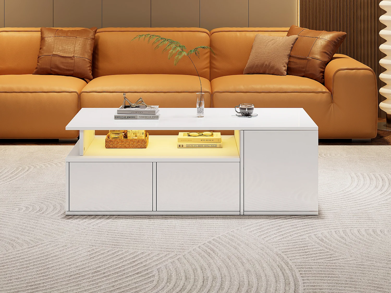 Tavolino con LED, 2 cassetti e spazio di archiviazione, design di alta gamma, bianco (100x50x35 cm)