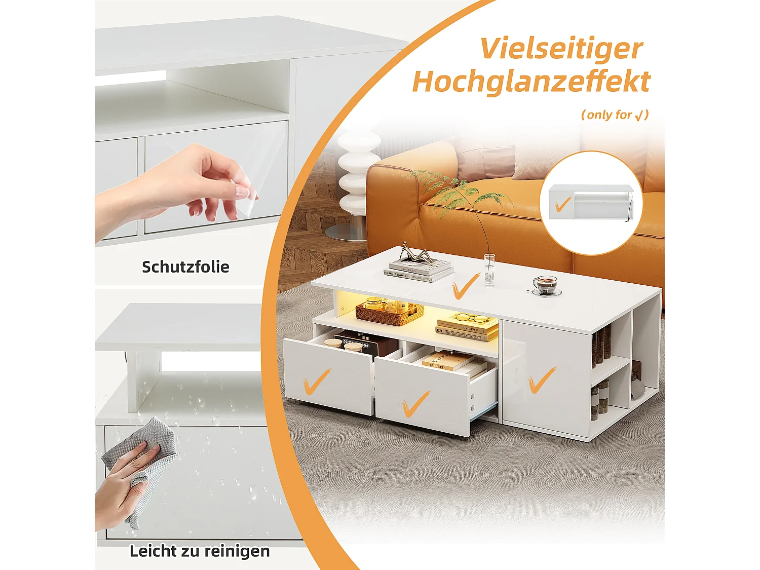 Table basse avec LED, 2 tiroirs et rangement, design haut de gamme, blanc (100x50x35 cm)