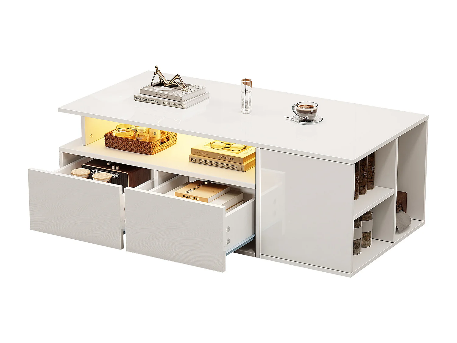 Table basse avec LED, 2 tiroirs et rangement, design haut de gamme, blanc (100x50x35 cm)