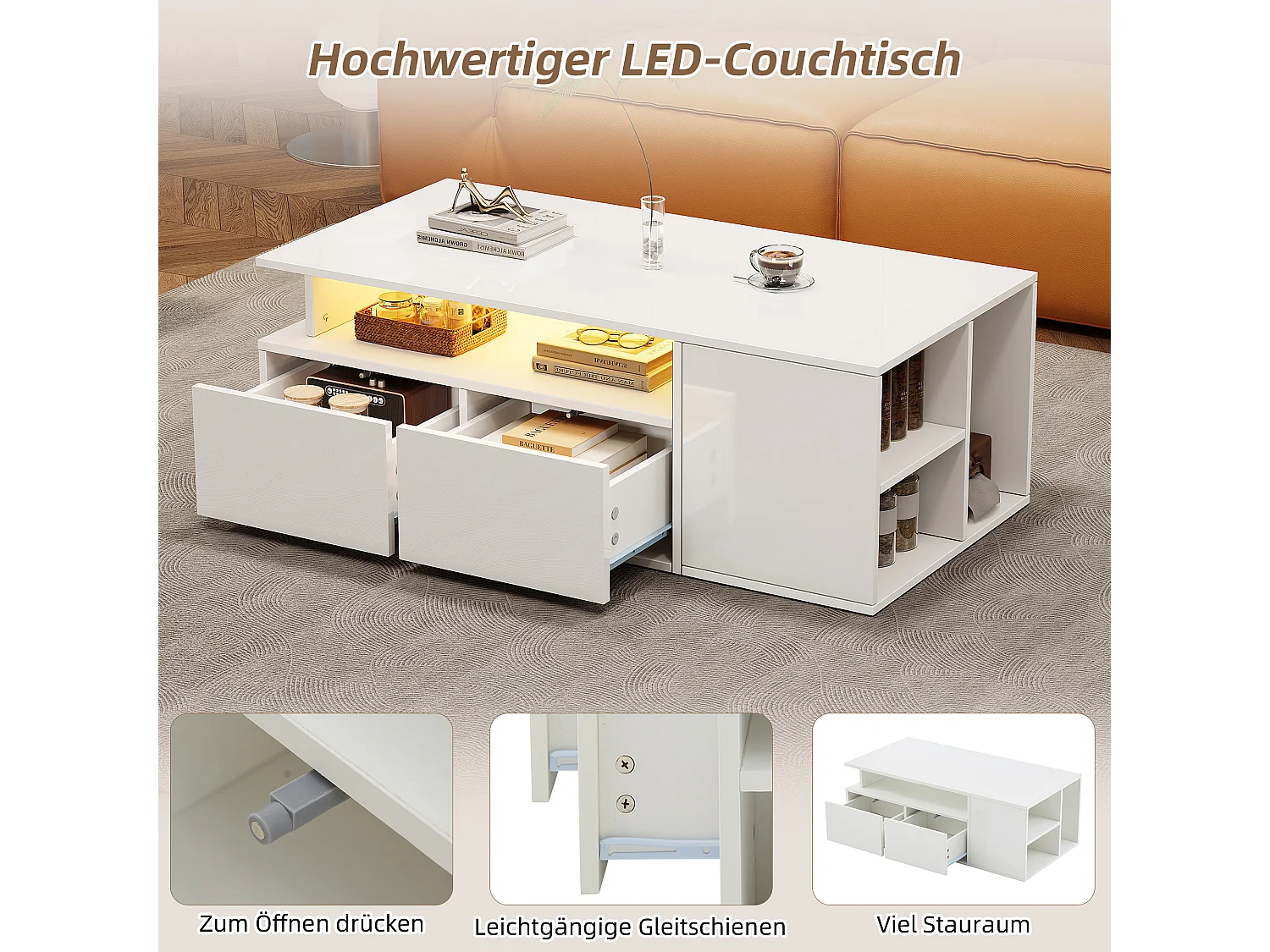 Table basse avec LED, 2 tiroirs et rangement, design haut de gamme, blanc (100x50x35 cm)