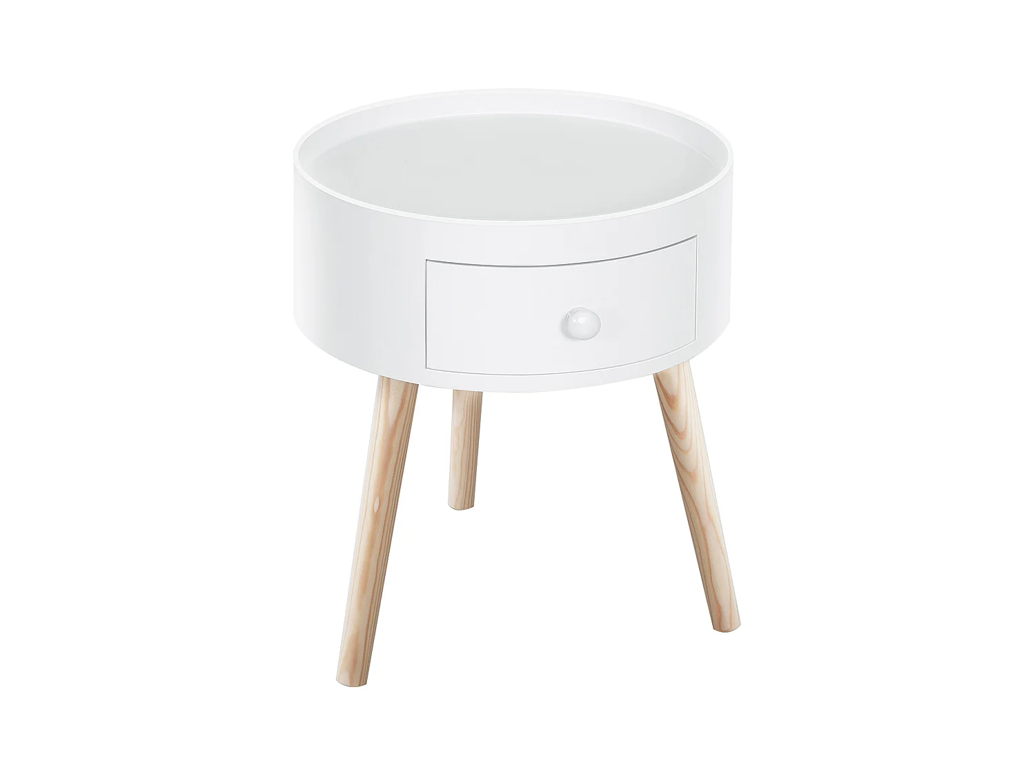 Table basse ronde avec tiroir, bois blanc, style scandinave, capacité 50kg (Ø38x45cm)