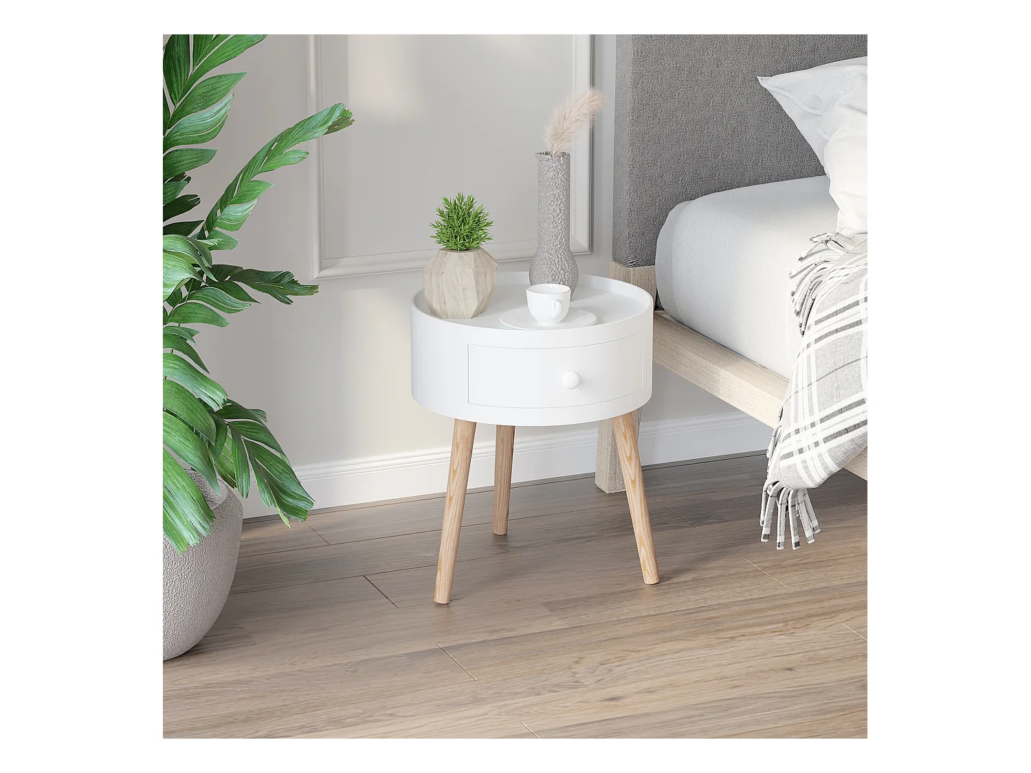 Table basse ronde avec tiroir, bois blanc, style scandinave, capacité 50kg (Ø38x45cm)