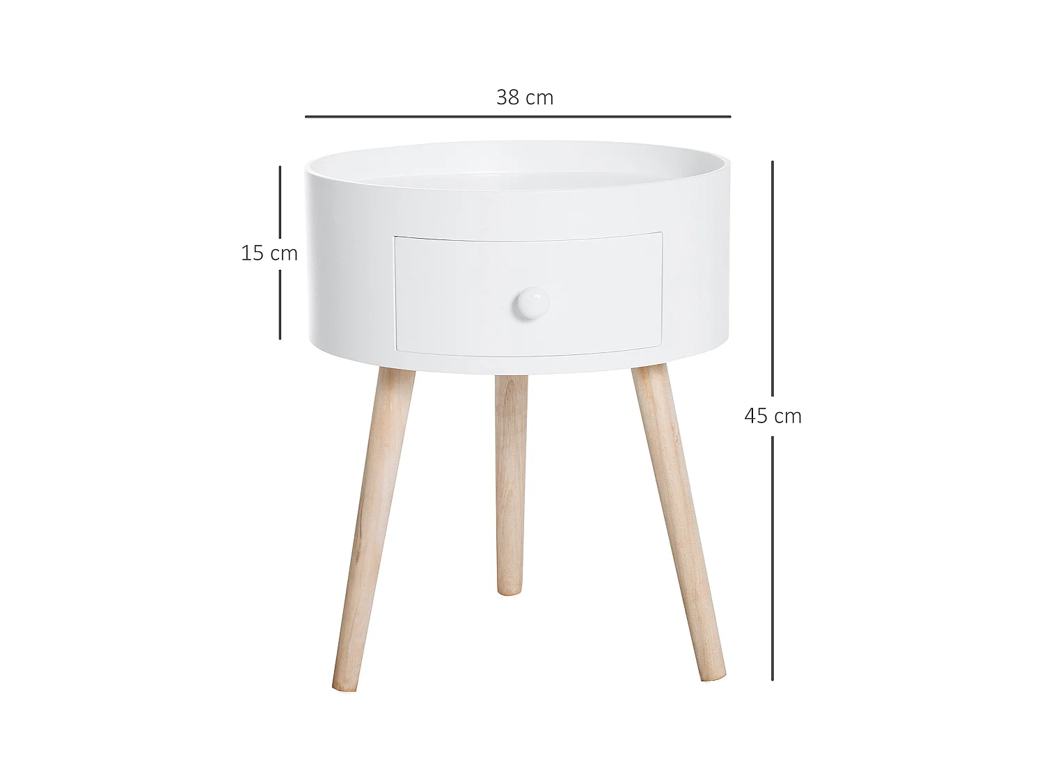 Table basse ronde avec tiroir, bois blanc, style scandinave, capacité 50kg (Ø38x45cm)