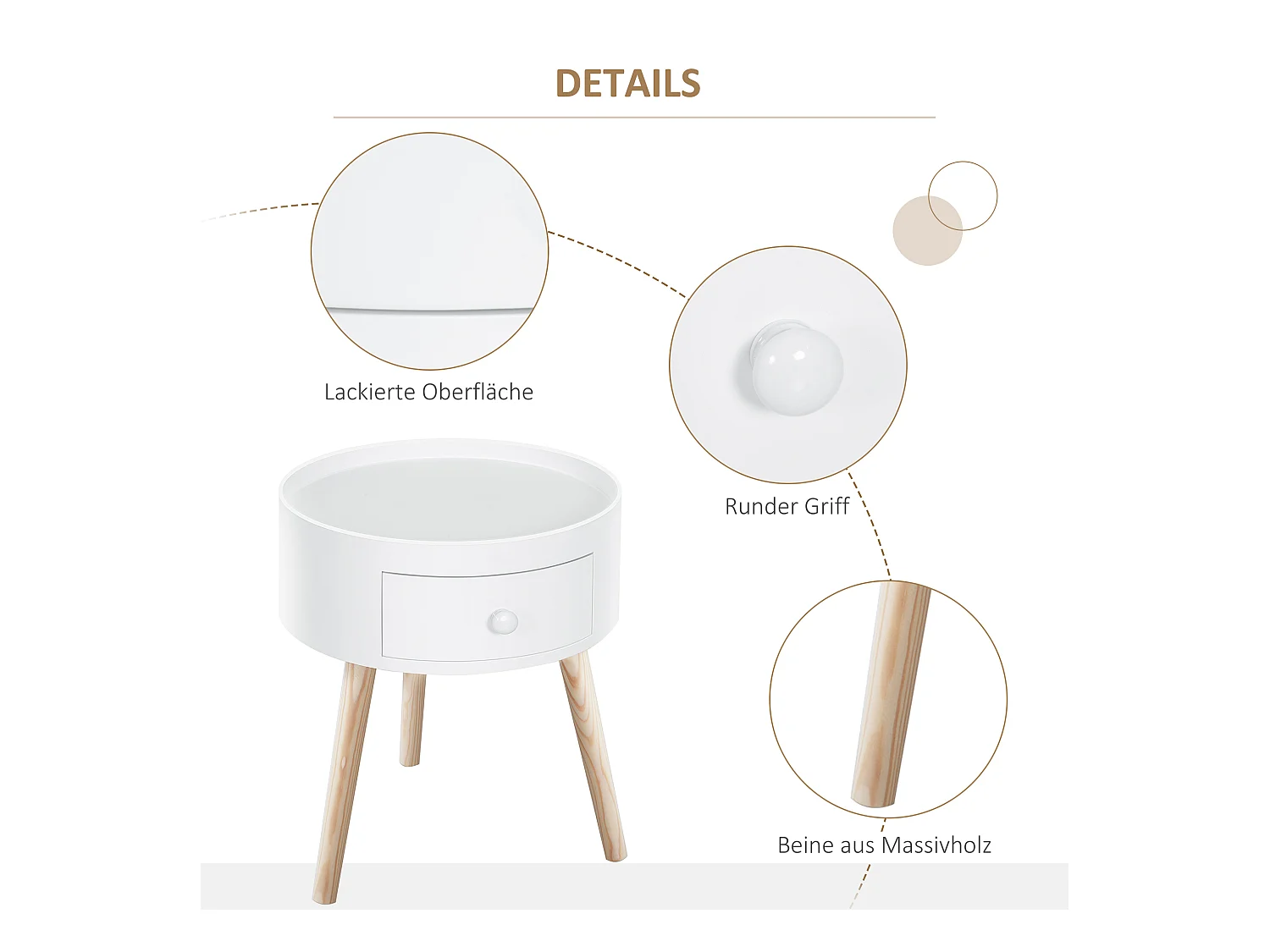 Table basse ronde avec tiroir, bois blanc, style scandinave, capacité 50kg (Ø38x45cm)