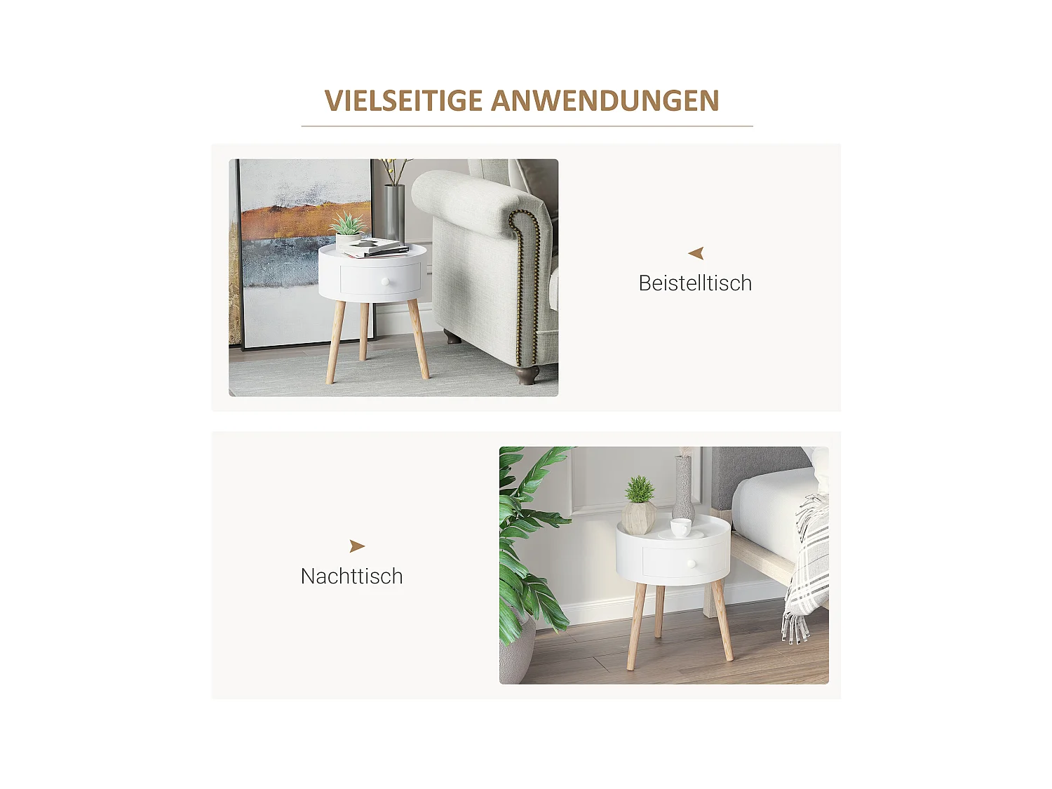 Table basse ronde avec tiroir, bois blanc, style scandinave, capacité 50kg (Ø38x45cm)