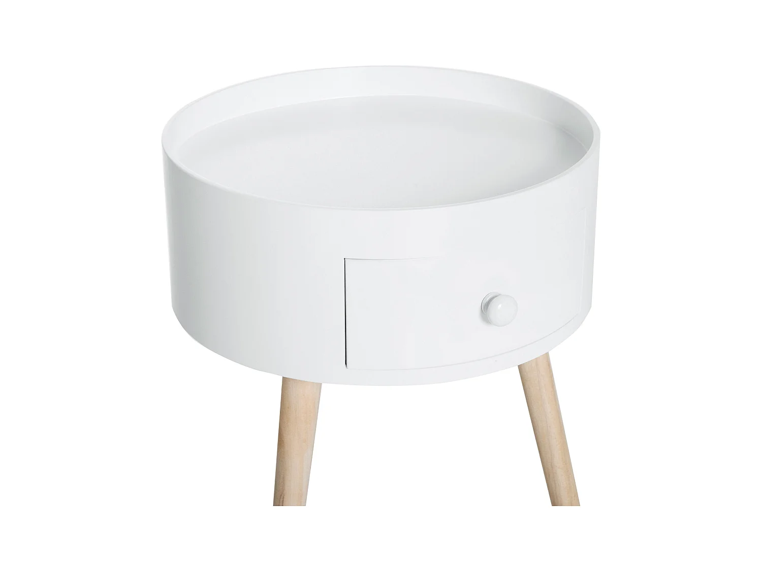 Table basse ronde avec tiroir, bois blanc, style scandinave, capacité 50kg (Ø38x45cm)