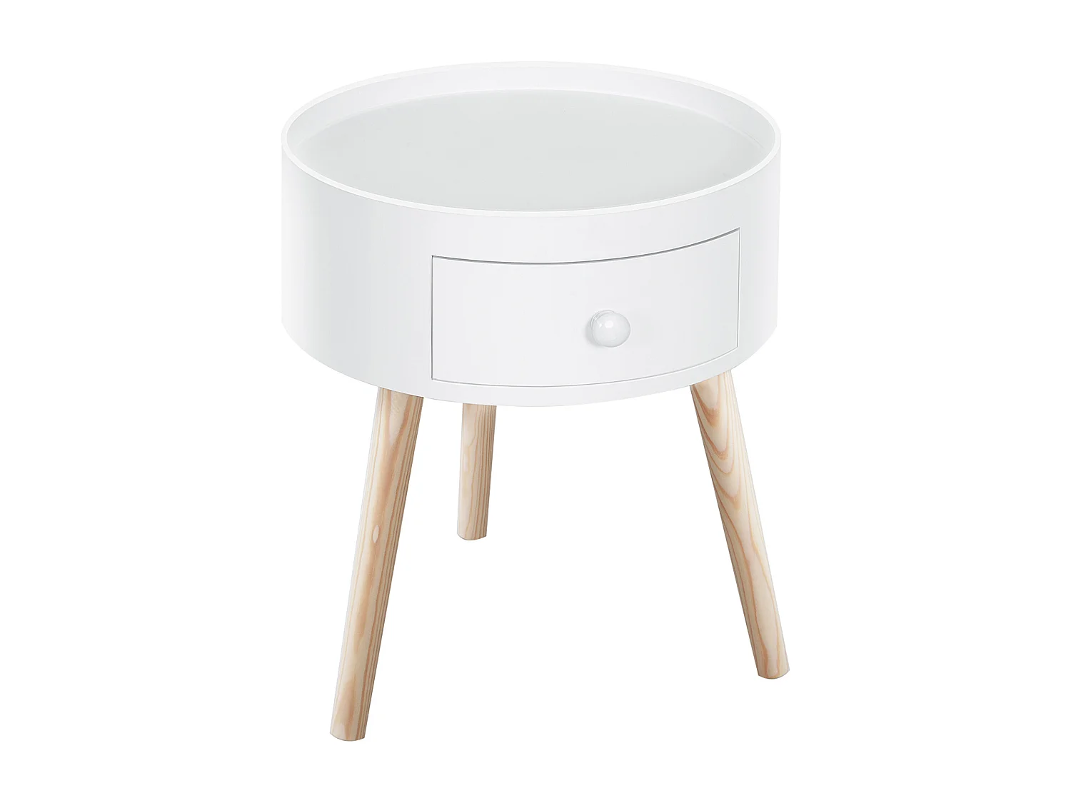 Table basse ronde avec tiroir, bois blanc, style scandinave, capacité 50kg (Ø38x45cm)