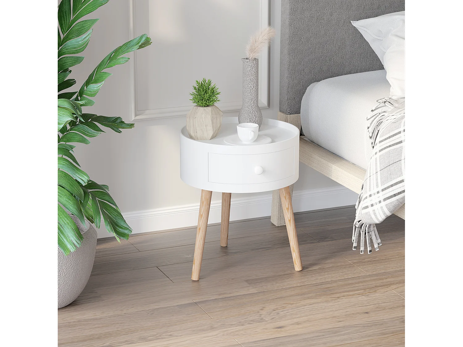 Table basse ronde avec tiroir, bois blanc, style scandinave, capacité 50kg (Ø38x45cm)
